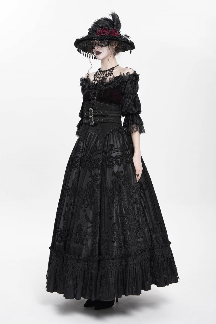 Black Jacquard Embroidery Buckle Tassels Women's Gothic Long Skirt - Product - 5