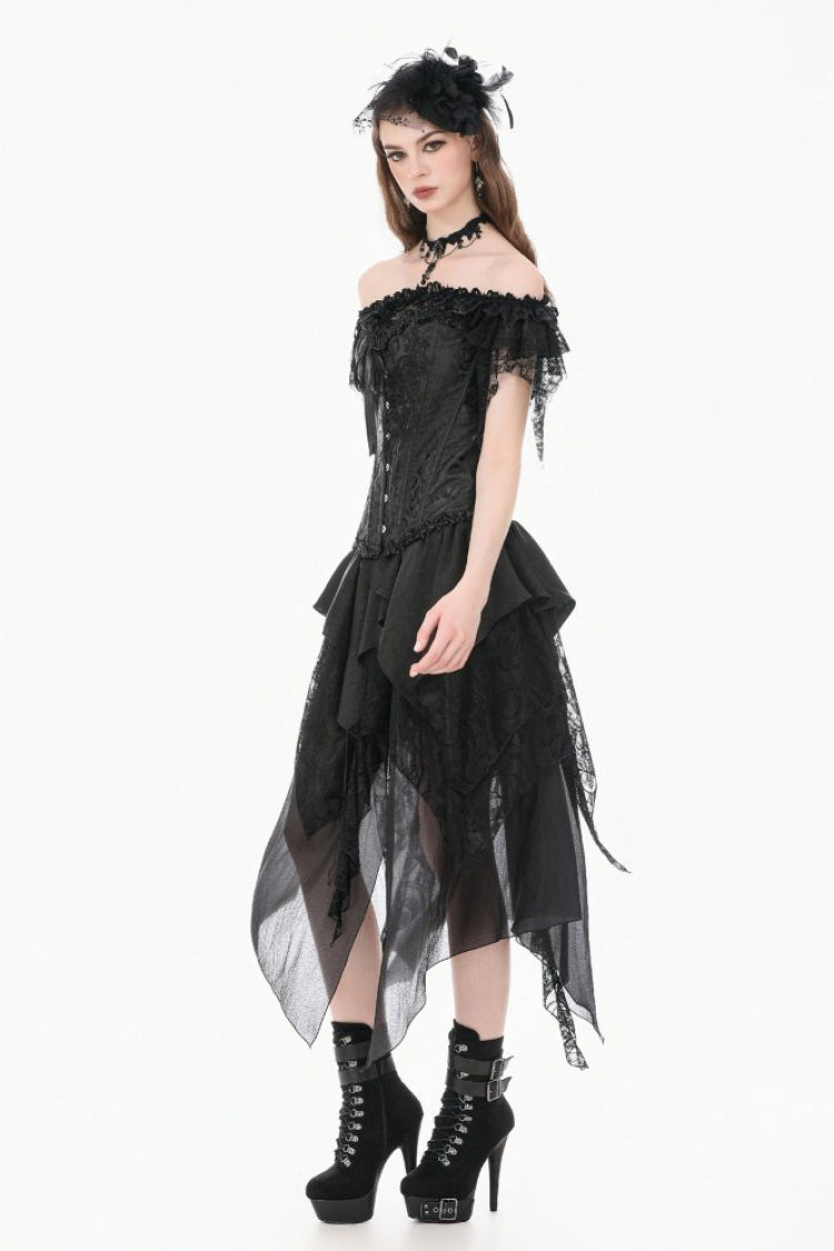 Black Jacquard Ruffled Lace Lace-Up Women's Gothic Overbust Corset - Product - 2