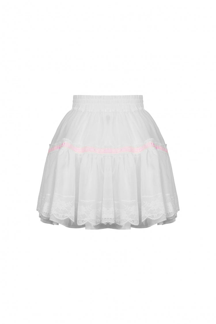 White Women's Gothic Lolita Bowknot Multi-Layered Lace Trim Mini Skirt - Product - 16