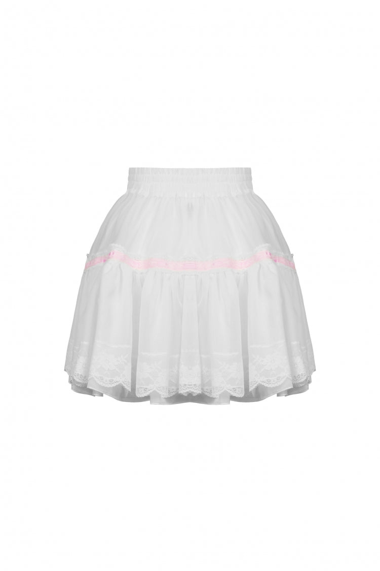 White Women's Gothic Lolita Bowknot Multi-Layered Lace Trim Mini Skirt - Product - 16
