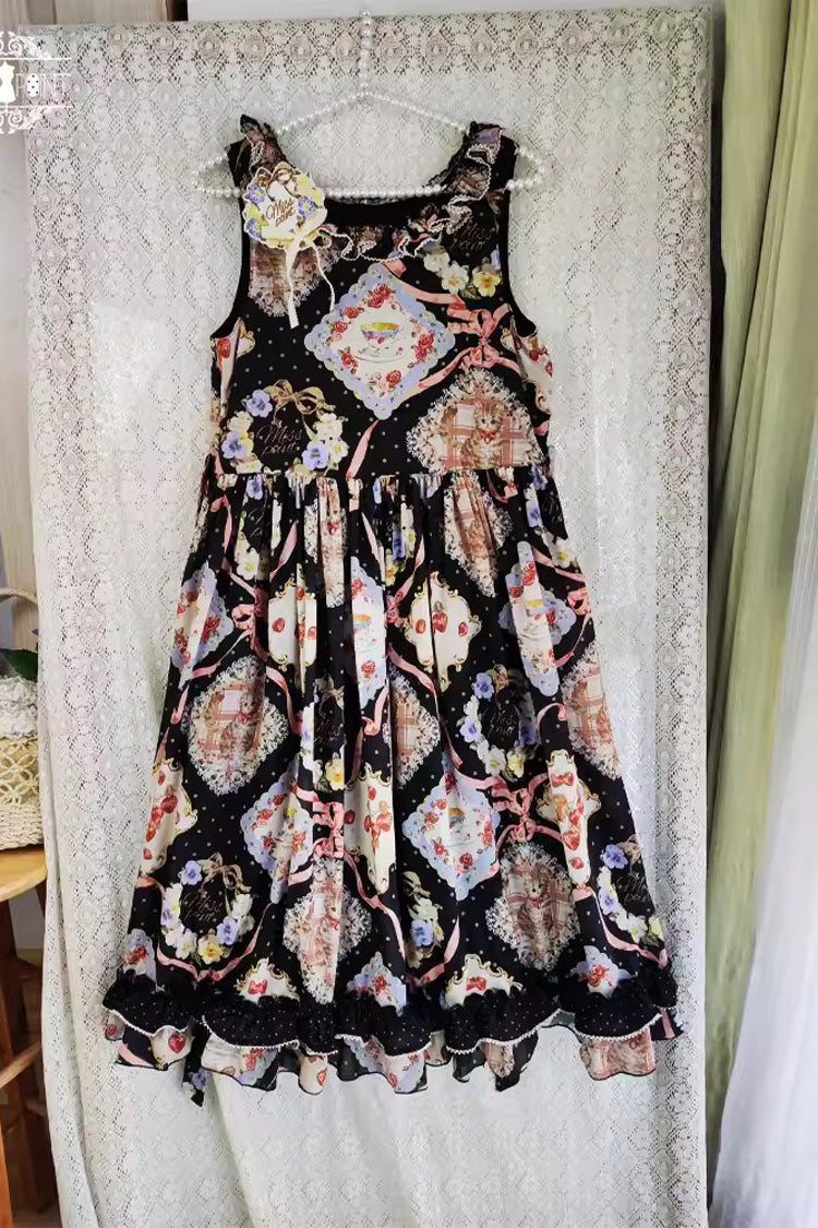 Cat Rose Tea Sleeveless Print Ruffle Bowknot Sweet Lolita Jumper Dress Version2 3 Colors - Product - 4