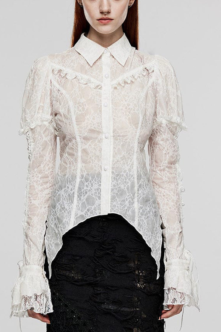Women's Lapel Collar Long Sleeves Print Stitching Lace Gothic Blouse 2 Colors - White - 2