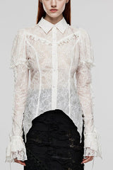 Women's Lapel Collar Long Sleeves Print Stitching Lace Gothic Blouse 2 Colors - White - 2