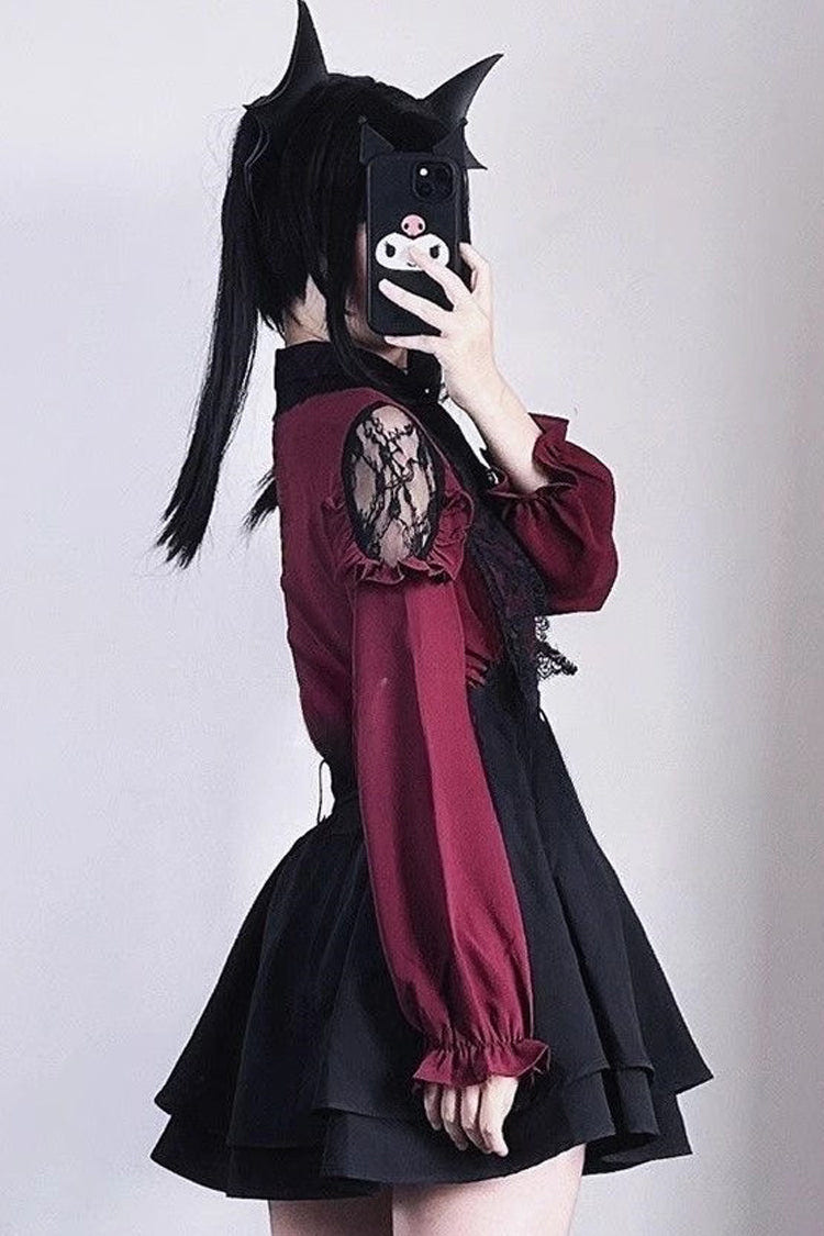Sweet Jirai Kei Long Puff Sleeves Ruffle Bowknot Lace Skirt Blouse Set 2 Colors - Product - 4