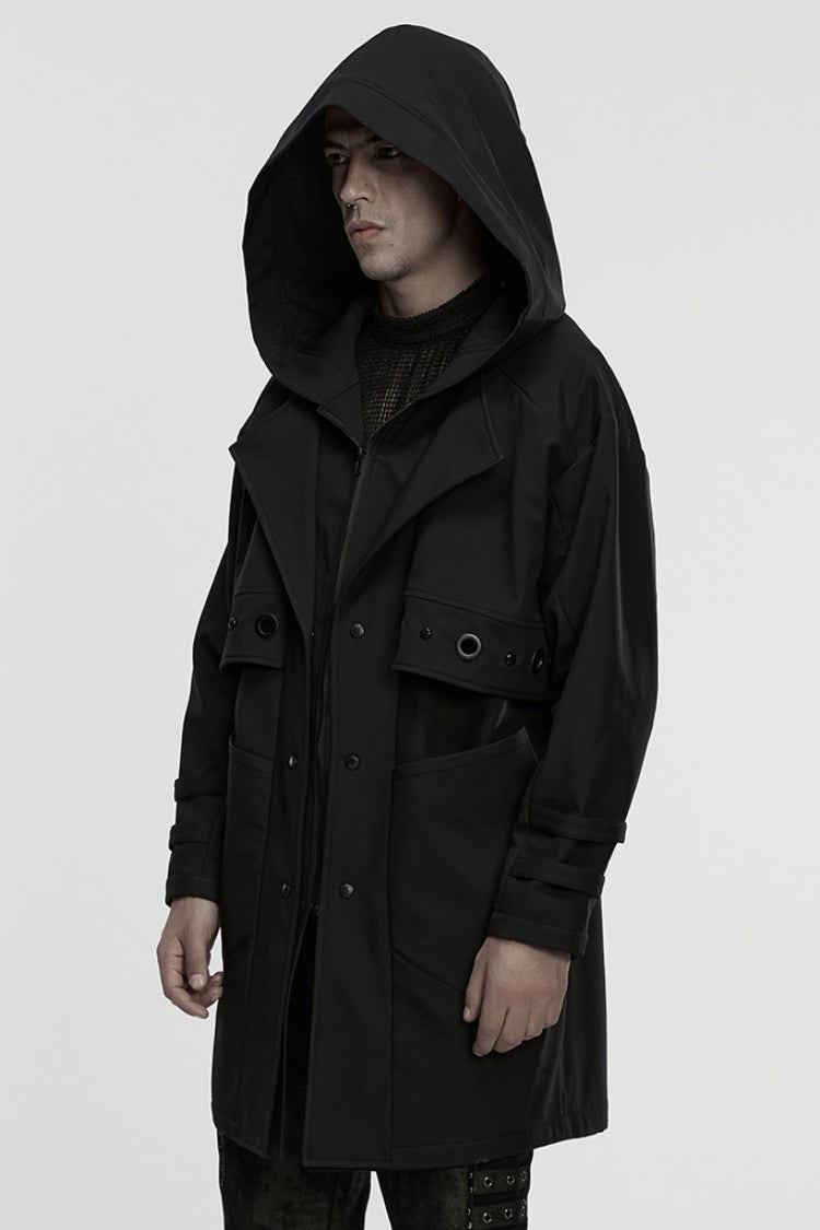 Black Lapel Collar Long Sleeves Hooded Zippered Eyelet Men's Gothic Coat - Product - 2