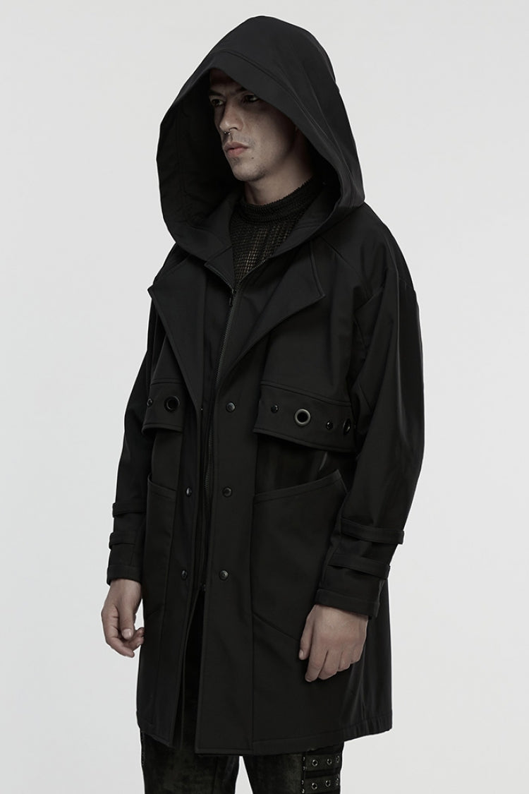 Black Lapel Collar Long Sleeves Hooded Zippered Eyelet Men's Gothic Coat - Product - 2