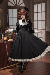 [Miss Lita] Stand Collar Long Lantern Sleeves Triple-Layered Ruffled Classic Elegant Maid Lolita Dress 2 Colors (Red, Black) - Product - 22
