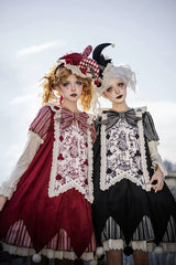 Red [Letters and Poems · Doll Mask] Poker Clown Long Sleeves Ruffled Bow Gothic Lolita Dress Set - Product - 8