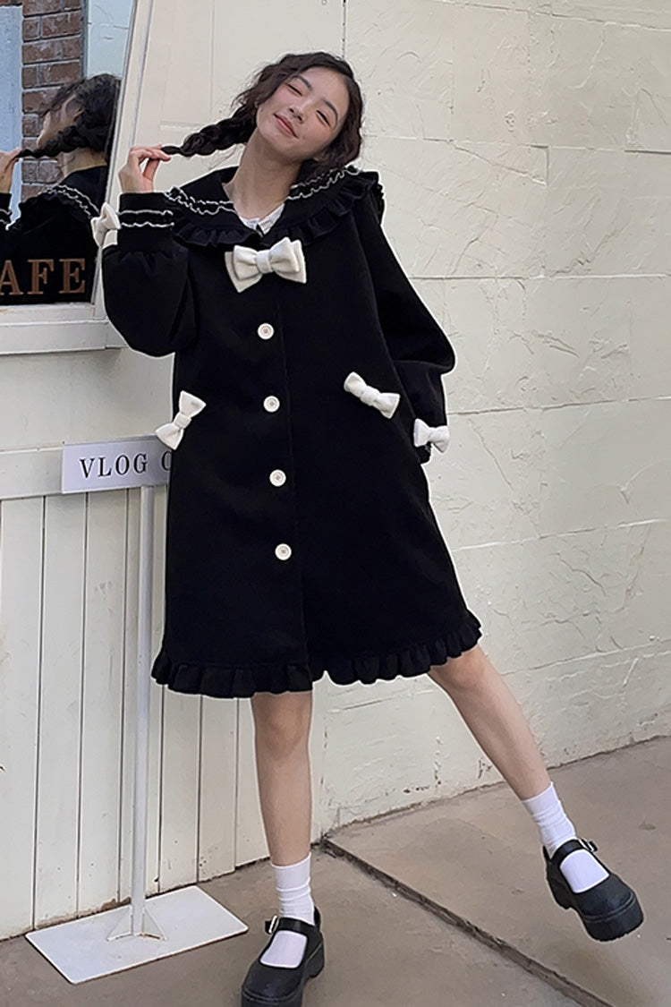 Black [Bouquet Bear] Doll Collar Long Sleeves Ruffle Bowknot Princess Lolita Coat - Product - 8