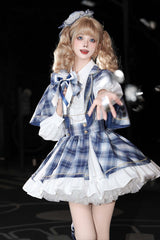 Blue [Little Starlight Idol] Lapel Collar Long Sleeves Double-Layered Printed Ruffled Bow Sweet Japanese Lolita Skirt Set - Product - 6