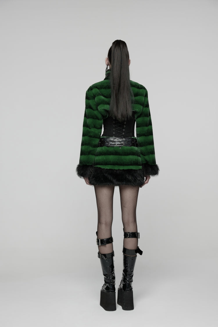 Green Women's Punk Faux Fur Skirt with Belt - Product - 11