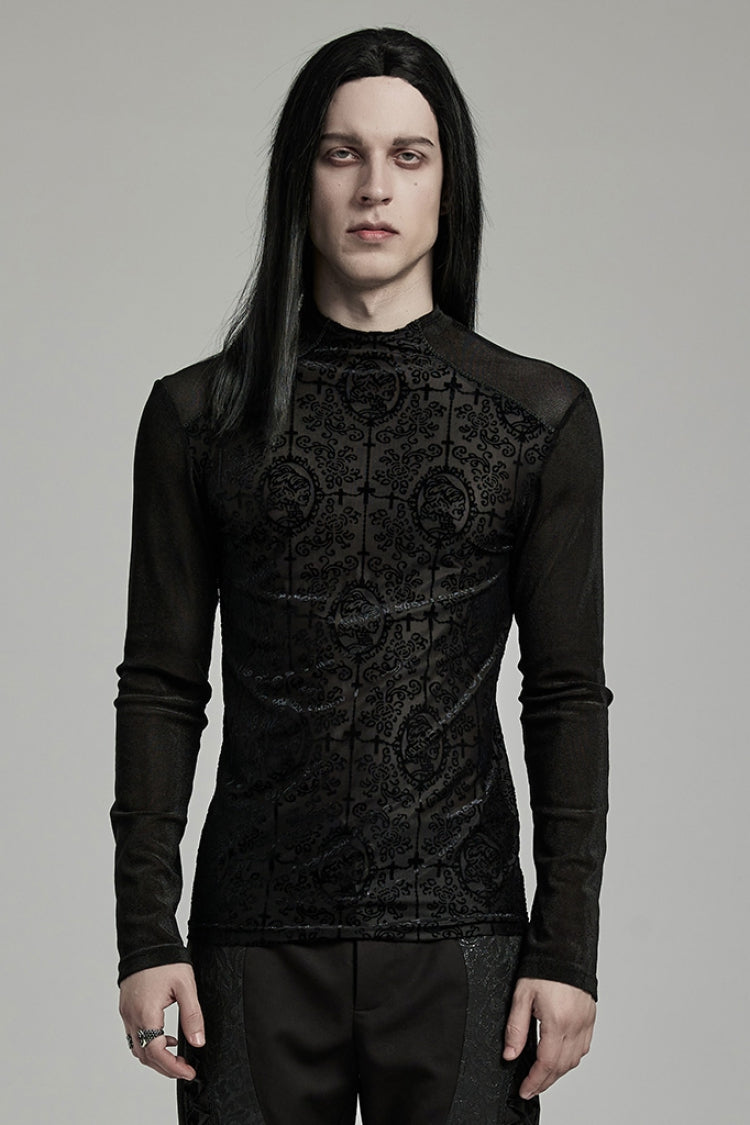 Black Stand Collar Long Sleeves Embroidery Cross Flocking Men's Gothic Blouse - Black - 1