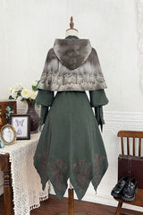 Dark Green Stand Collar Long Sleeves Ruffle Embroidery Classic Vintage Lolita Dress Set - Product - 3