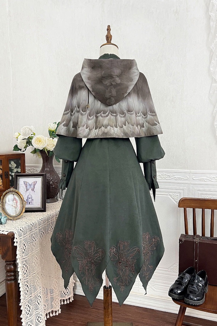 Dark Green Stand Collar Long Sleeves Ruffle Embroidery Classic Vintage Lolita Dress Set - Product - 3