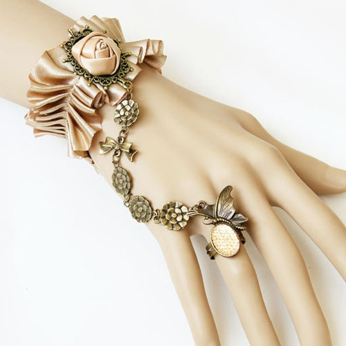 Champagne Vintage Lace Lolita Creative Bracelet Silk Rose Flower With Ring One Chain - Champagne - 1