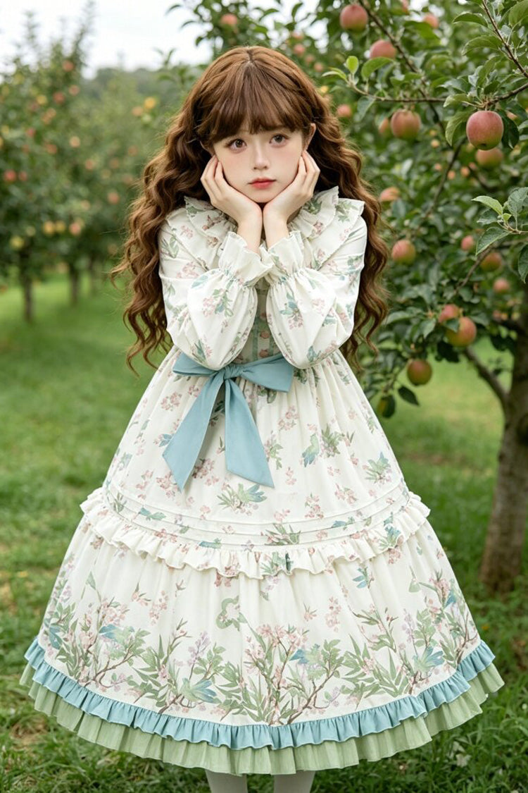 Apricot Round Collar Long Sleeves Double-Layered Floral Bird Printed Ruffled Bow Sweet Plus Size Lolita Dress - Product - 3