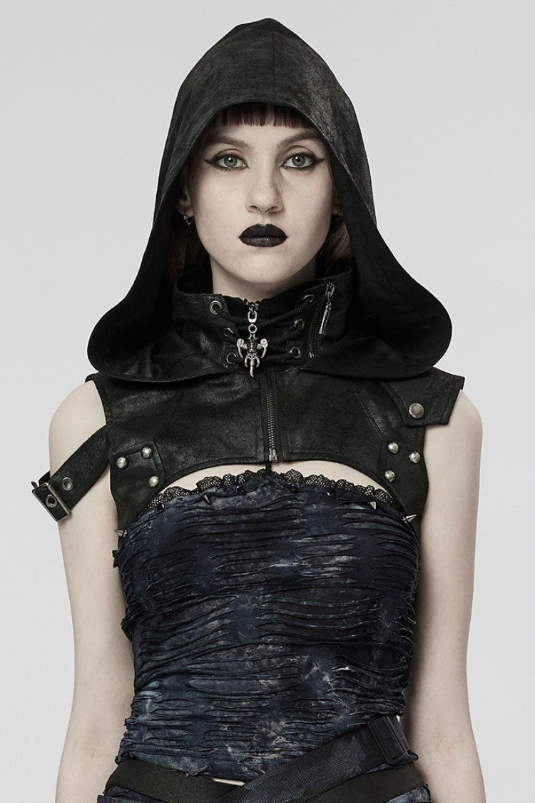 Black Ghost Head Pendant Metal Rivets Hooded Women's Steampunk Cape - Black - 1