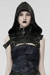 Black Ghost Head Pendant Metal Rivets Hooded Women's Steampunk Cape - Black - 1
