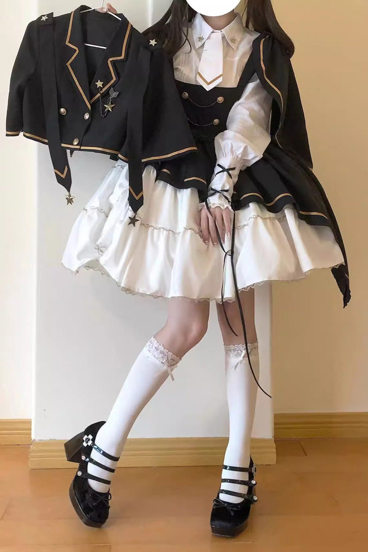 Black/White [Commander] Long Sleeves Ruffle Bowknot Irregular Sweet Lolita Dress Coat Cloak Set - As The Picture - 1
