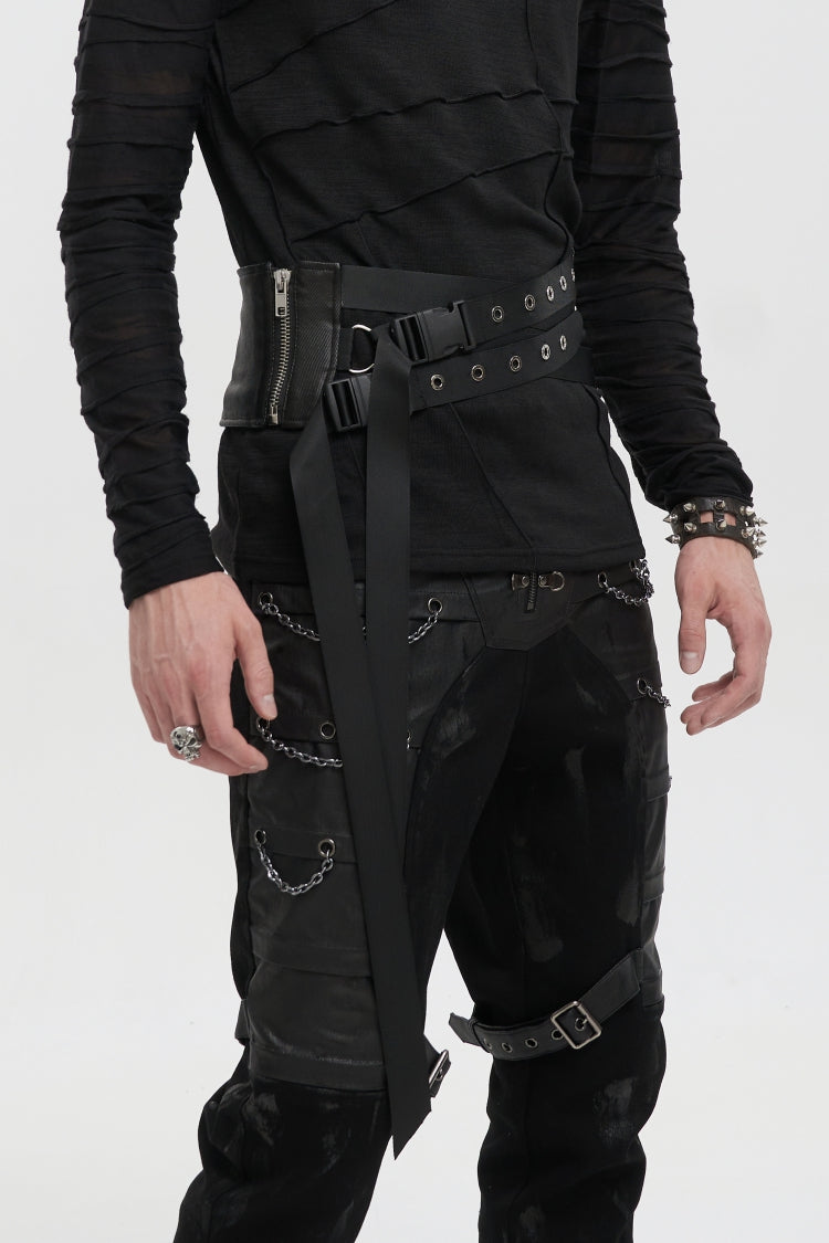 Black Lace-Up Slim Fit Asymmetric Buckled Eyelet Men's Punk Cool Decussate Belt - Product - 7