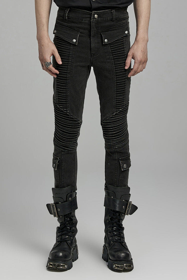 Black Multi-pockets Pleated Men's Punk Pants - Black - 1
