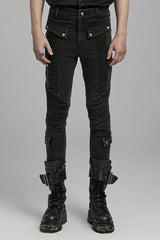 Black Multi-pockets Pleated Men's Punk Pants - Black - 1