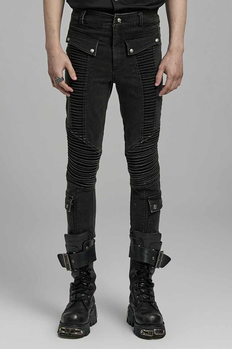 Black Multi-pockets Pleated Men's Punk Pants - Black - 1
