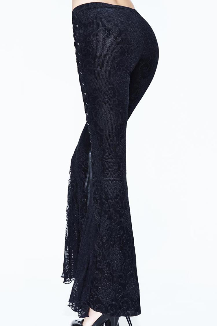 Black Palace Pattern Lace-Up Velveteen Lace Flared Women's Gothic Pants - Product - 11