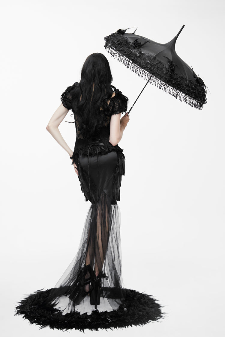 Black Mesh Fishtail Flower Feather Hem Long Satin Women's Gothic Skirt - Product - 5
