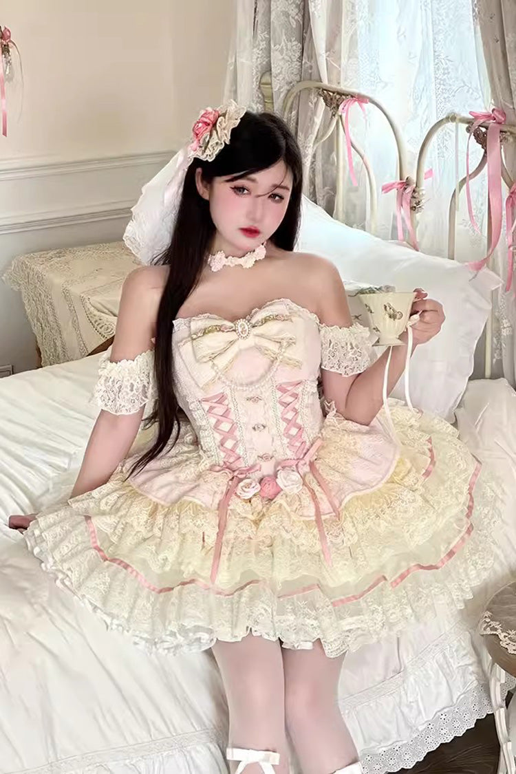 Yellow/Pink Sweet Tea Rose Dew Ruffle Bowknot Lace Sweet Lolita Skirt Dress - Product - 3