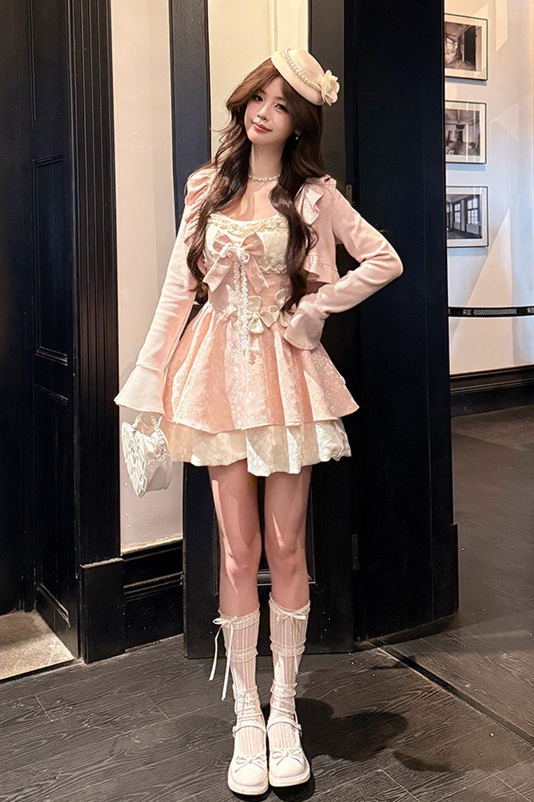 Pink [Honeyed Blossoms] Square Collar Long Sleeves Double-Layered Printed Ruffled Bow Sweet Lolita Dress and Cardigan Set - Product - 6