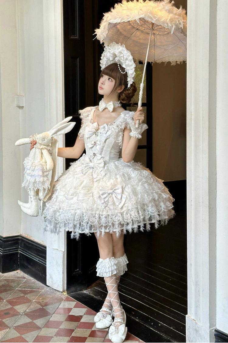 White [Cloudborne Snowfeather] Sleeveless Multi-Layered Hanayome Bowknot Pearl Gothic Lolita Jsk Dress - Product - 4