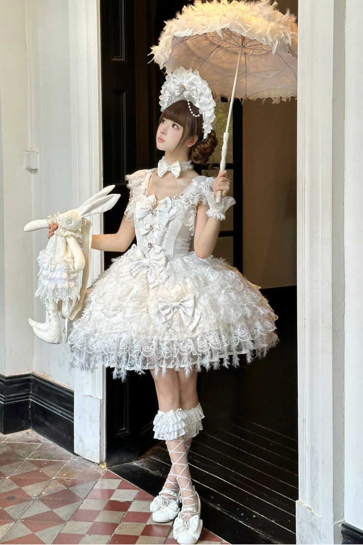 White [Cloudborne Snowfeather] Sleeveless Multi-Layered Hanayome Bowknot Pearl Gothic Lolita Jsk Dress - Product - 4