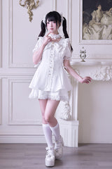 White [Waltz] Short Sleeves Ruffle Bowknot Gothic Jirai Kei Japanese Dress Set - Product - 3