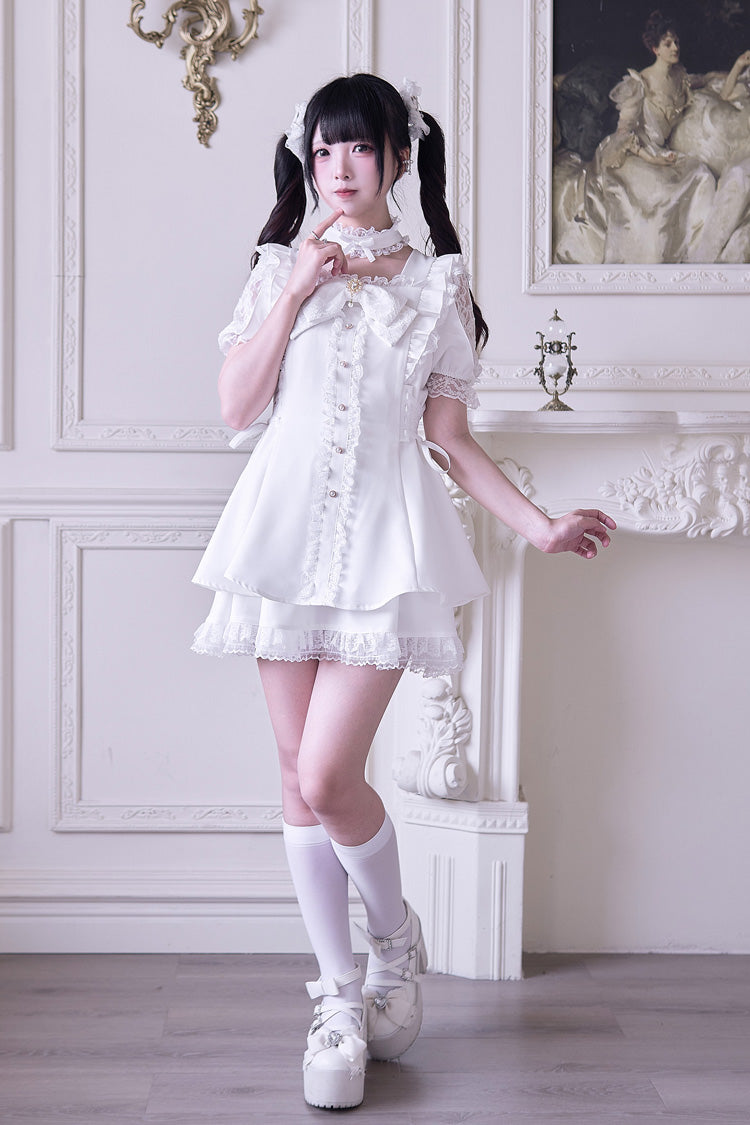 White [Waltz] Short Sleeves Ruffle Bowknot Gothic Jirai Kei Japanese Dress Set - Product - 3