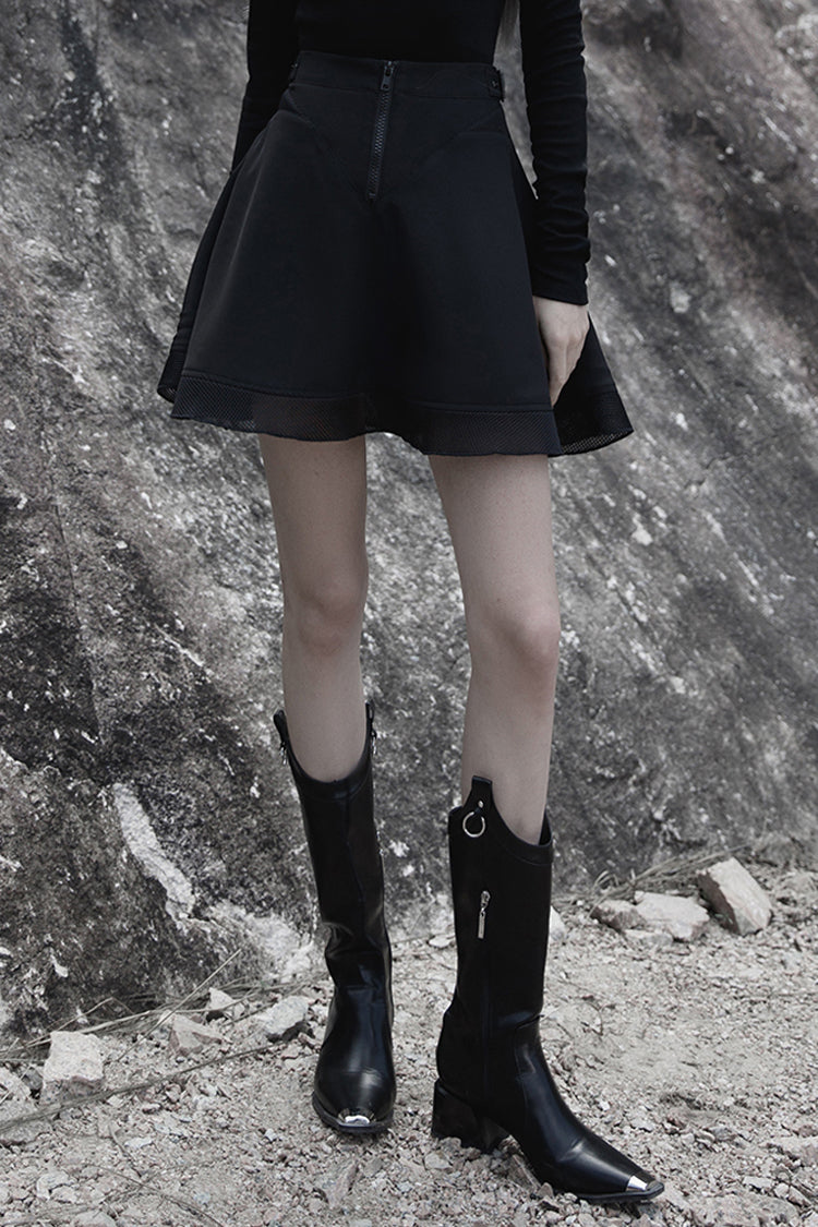 Black Chiffon Plaid Large-Hole Mesh Stitching V-Word Segmentation Design Sun-Hem Women's Punk Skirt - Black - 1