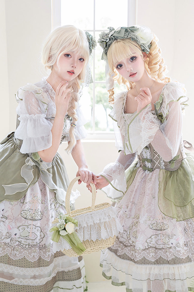 Green [Teacup Rabbit] Multi-Layered Print Ruffle Embroidery Bowknot Lace Asymmetric Sweet Elegant Lolita Jsk Dress - Product - 7