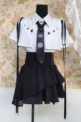Black/White Short Sleeves Ruffle Asymmetric Gothic Jirai Kei Skirt Blouse Set - Black/White - 1