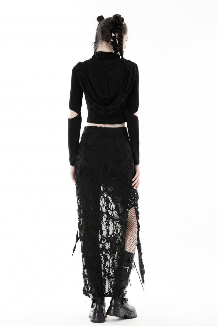 Black Lace-Up Ripped Women's Punk Split Long Skirt - Product - 4