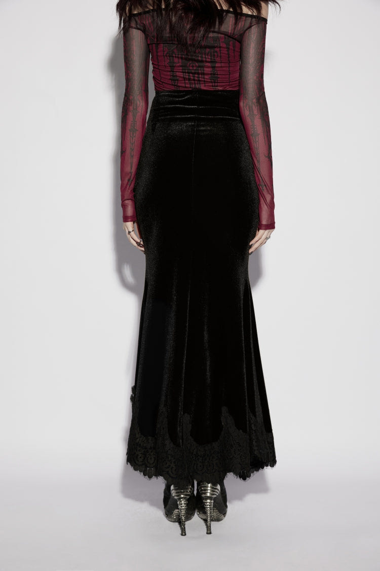 Black Lace Velvet Pleated Women's Gothic Elegant Mermaid Skirt - Product - 5