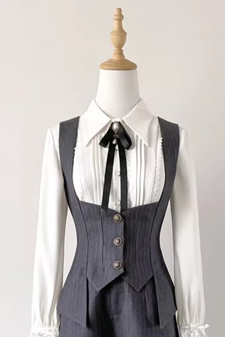 Grey [Griffin’s Pact] Bust Support Striped Printed Gothic Ouji Lolita Shorts Vest Set - Vest - 3