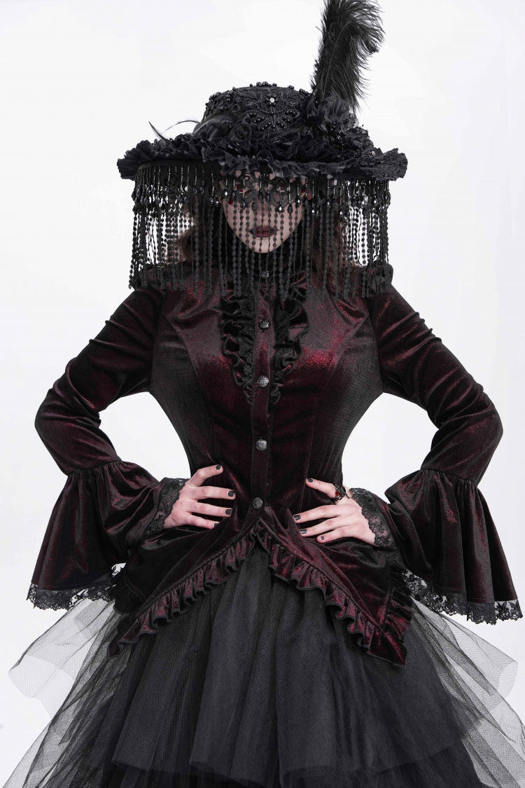 Red Stand Collar Long Trumpet Sleeves Ruffle Swallow-tailed Women's Gothic Blouse - Product - 2