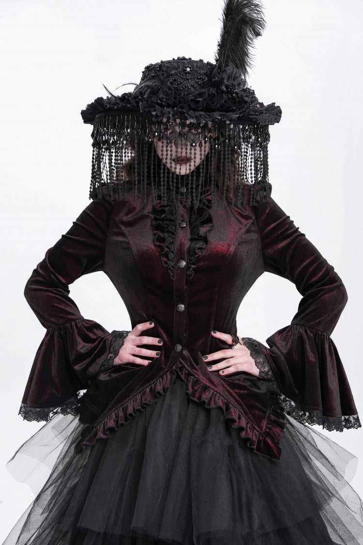 Red Stand Collar Long Trumpet Sleeves Ruffle Swallow-tailed Women's Gothic Blouse - Product - 2