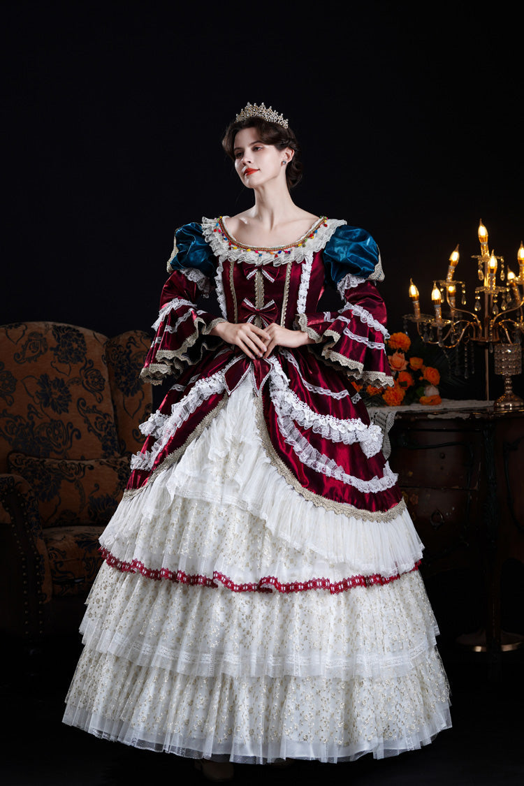 Wine/Ivory Round Collar Long Hime Sleeves Triple-Layered Ruffled Open-Front Bow Lace Classic Vintage Palace Lolita Victorian Dress - Product - 7