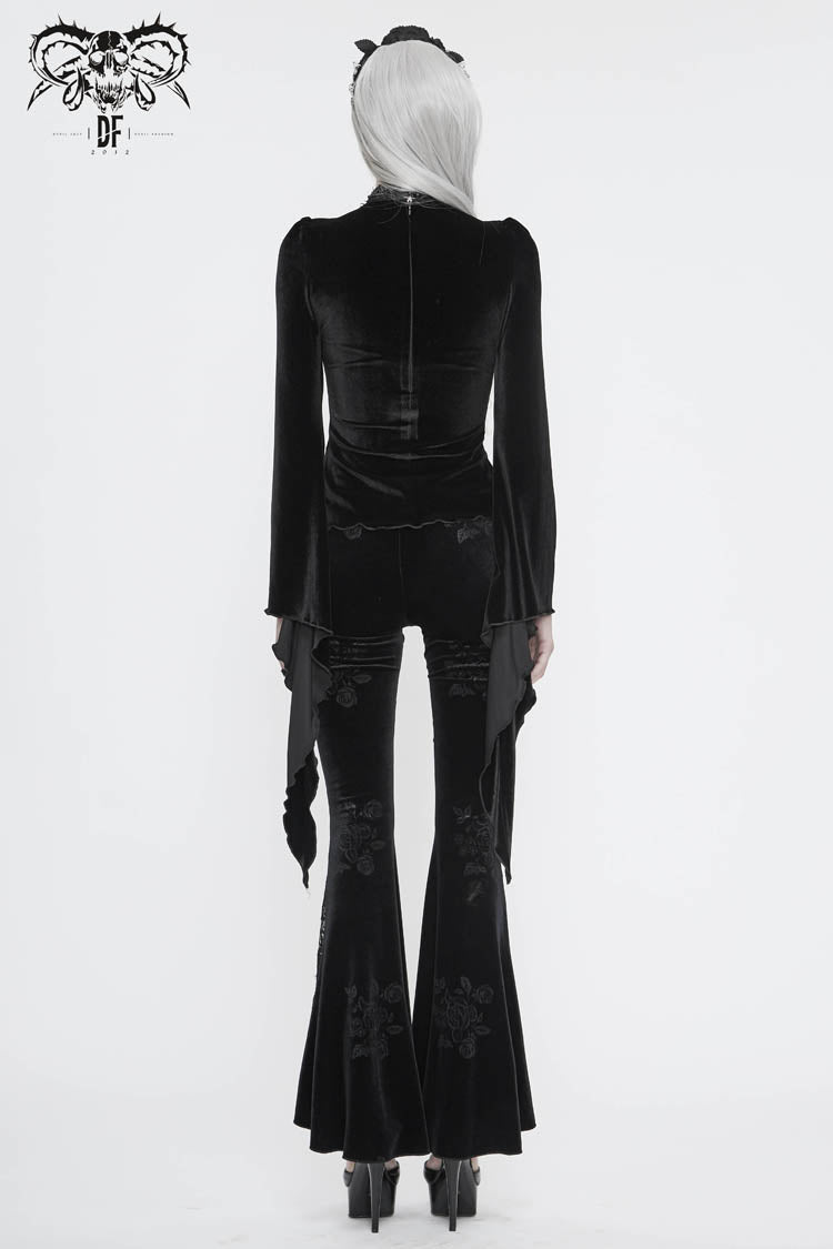 Black High Collar Front Chest Splice Mesh Embroidered Flare Sleeve Women's Gothic T-Shirt - Product - 8