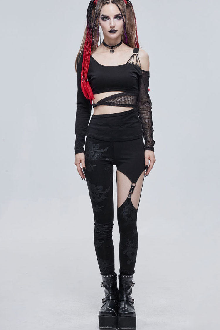 Black Gothic Ripped Spider Web Print Asymmetric Belt Buckle Decoration Women's Leggings - Product - 4