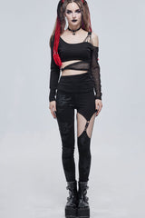 Black Gothic Ripped Spider Web Print Asymmetric Belt Buckle Decoration Women's Leggings - Product - 4