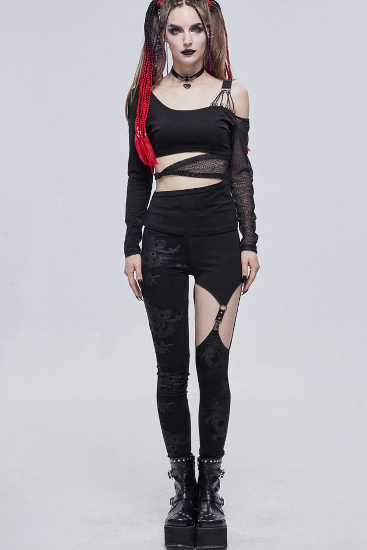 Black Gothic Ripped Spider Web Print Asymmetric Belt Buckle Decoration Women's Leggings - Product - 4