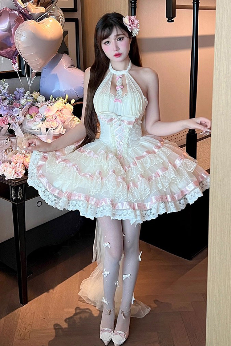 Beige [Ballet Dream] Halterneck Triple-Layered Ruffle Bowknot Lace-Up Sweet Princess Lolita Dress - Product - 5