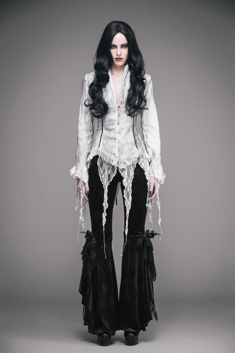 White Printed V-Neck Long Sleeve Flare Cuff Back Waist Lace-Up Irregular Lace Tassels Hem Women's Gothic Blouse - Product - 3